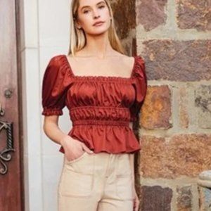 Antonio Melani Angel Sateen Square Short Sleeve Square Neck Smocked Waist Blouse